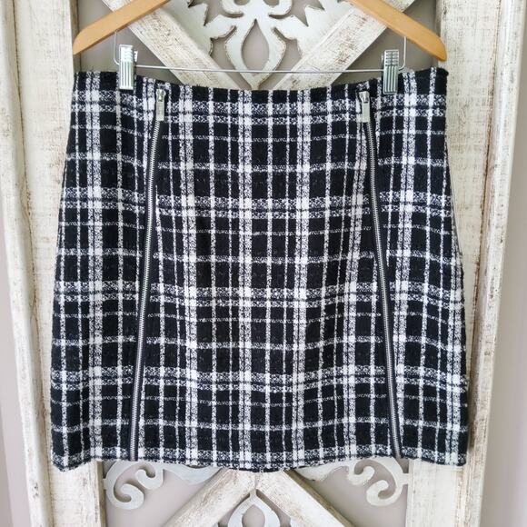 Calvin Klein Women's Plaid Tweed Woven Zipper A-Line Skirt Black White Metallic - Picture 2 of 7